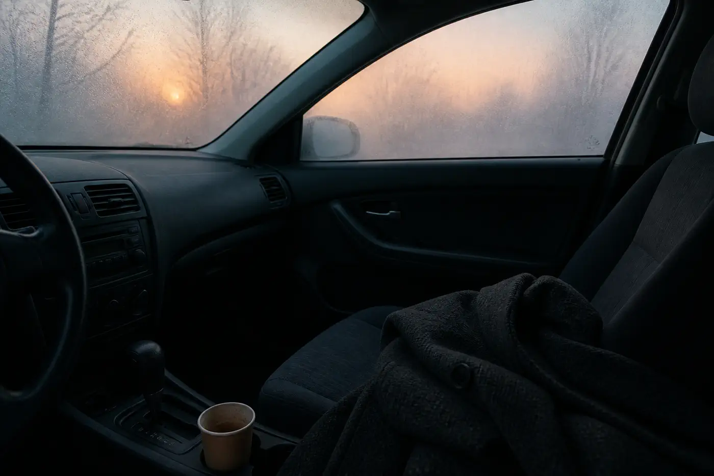 Empty passenger seat with a wool coat and a paper cup. Windows fogged. No people.
