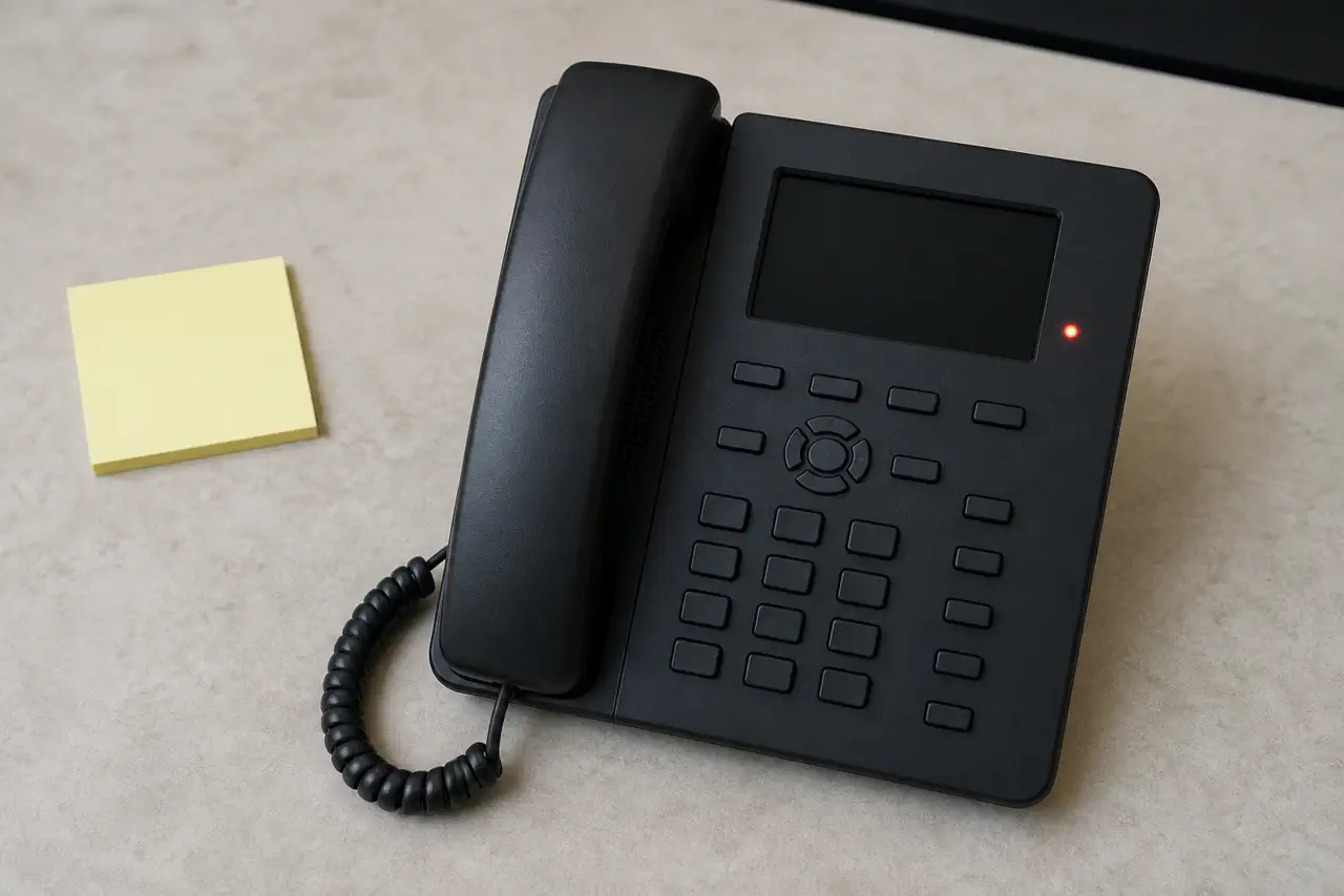 Matte black office phone with the screen off, one red LED, and a blank sticky note.
