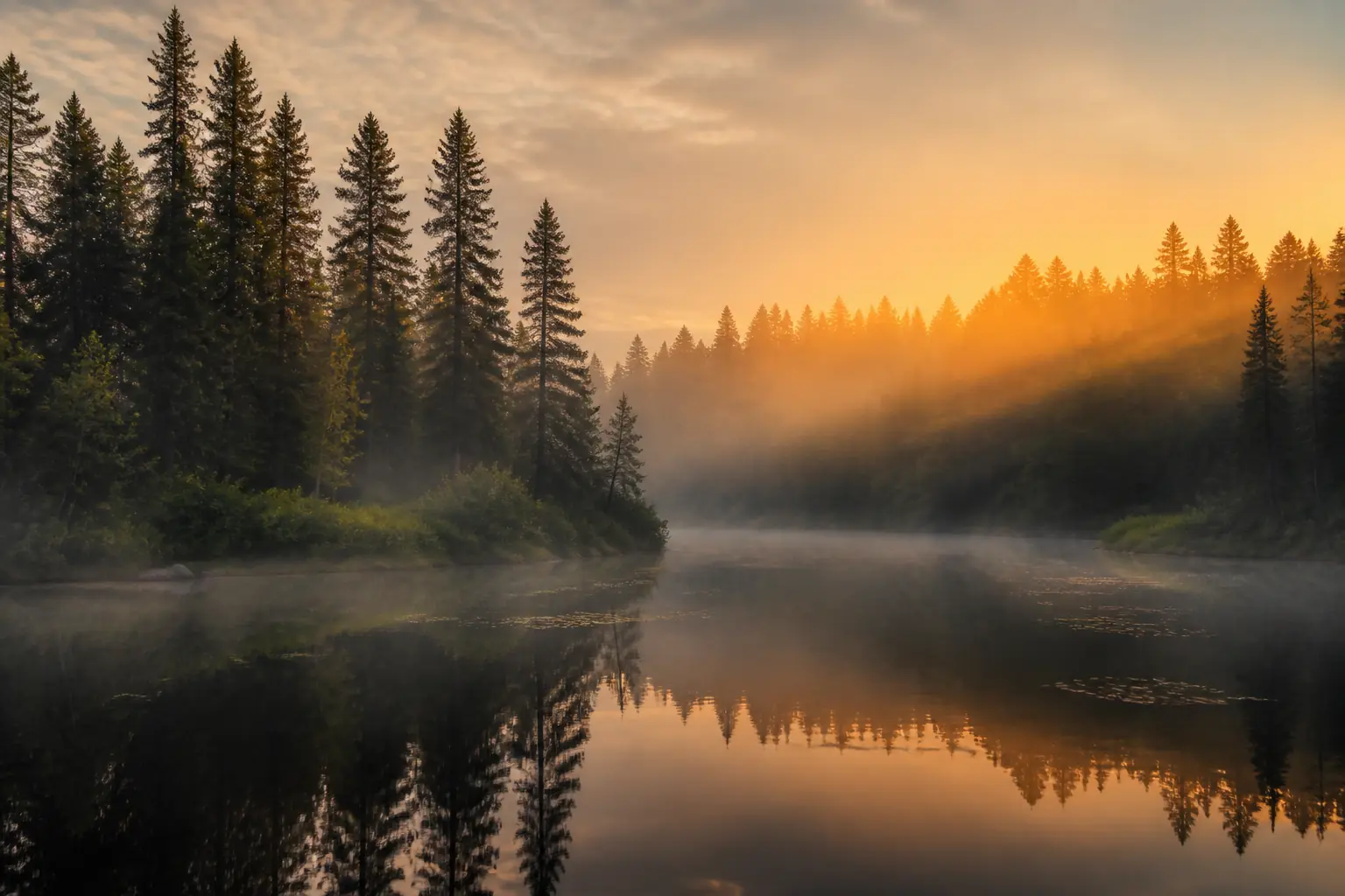 A river bend in mist at first light, looking across the water