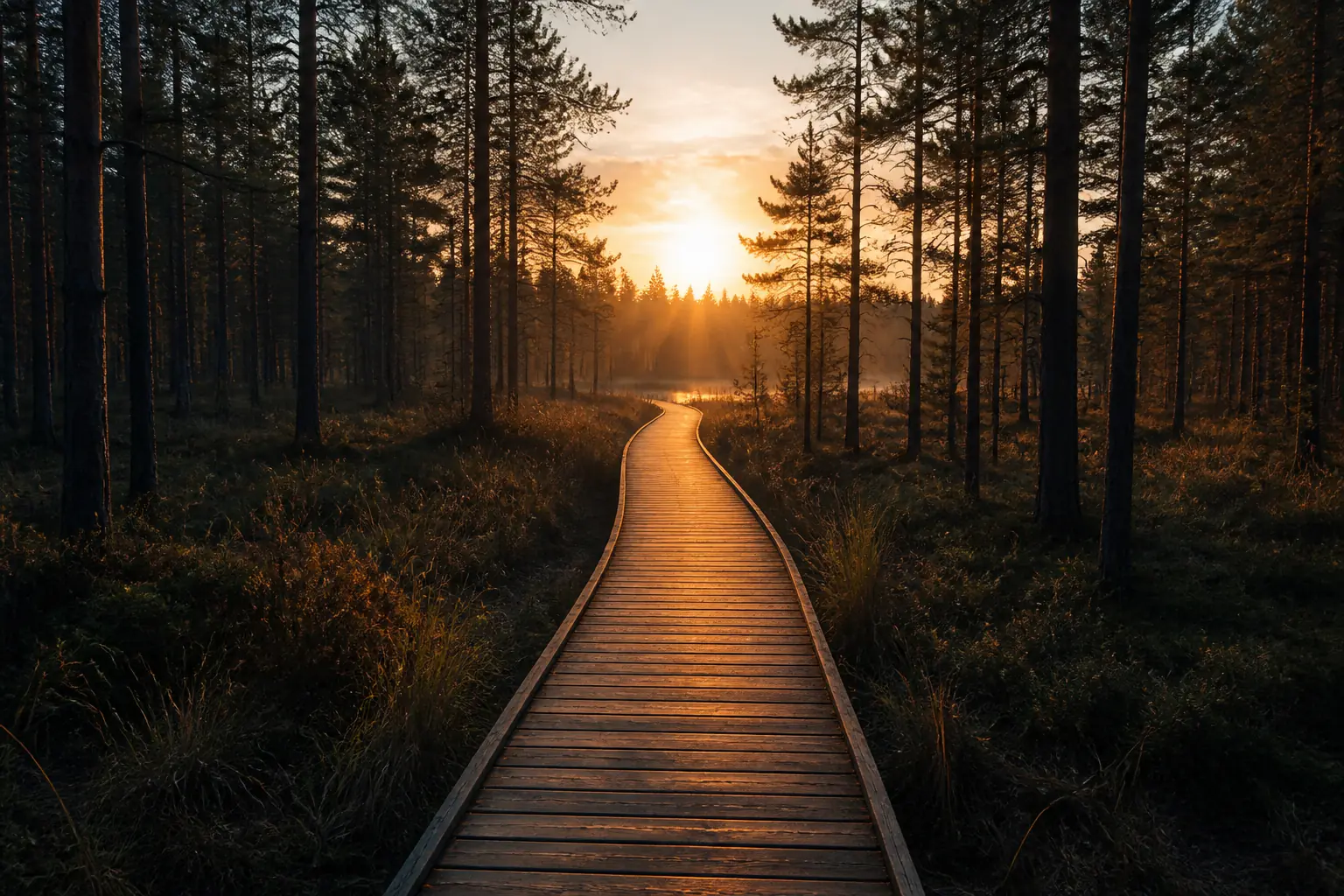 An empty boardwalk through pines toward the morning light
