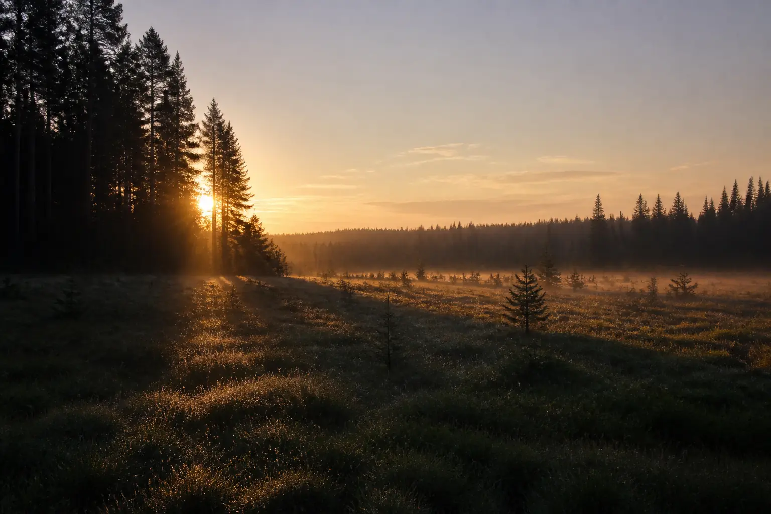 A dew-lit meadow at the edge of the pines at sunrise